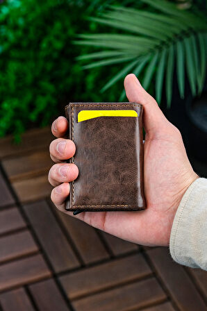 Mekanizmalı Cüzdan Vegan Deri Kartlık 9 Adet Kart Ve Geniş Para Bölmeli Rfıd Engelleme Crazy Kahve