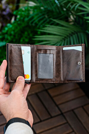 Mekanizmalı Cüzdan Vegan Deri Kartlık 9 Adet Kart Ve Geniş Para Bölmeli Rfıd Engelleme Crazy Kahve