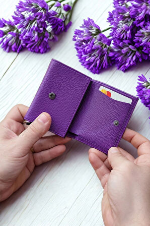 Otomatik Mekanizmalı Deri Cüzdan Kartlık Portföy Mor Renk