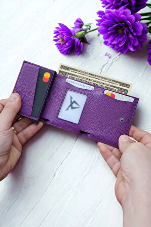 Otomatik Mekanizmalı Deri Cüzdan Kartlık Portföy Mor Renk