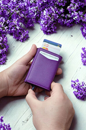 Otomatik Mekanizmalı Deri Cüzdan Kartlık Portföy Mor Renk