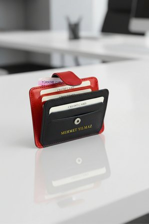 İsim baskılı Kartlık Hakiki Deri Unisex Cüzdan Portföy Süper İnce Model Siyah Kırmızı