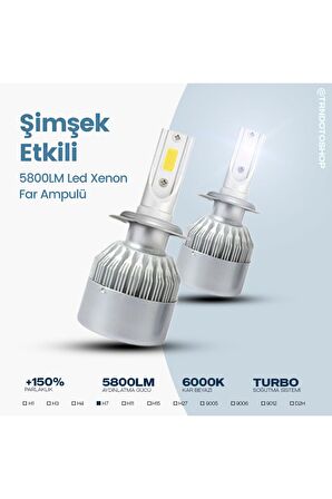 Markası C6 Serisi H7 Led Xenon Far Ampulü Şimşek Etkili 5800lm Chip On Board 6000k Kar Beyazı