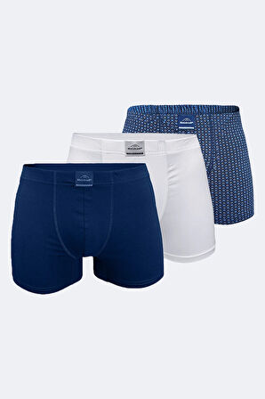 Erkek Desenli Beyaz Lacivert 3 lü Pamuk Elastan Boxer 3M074