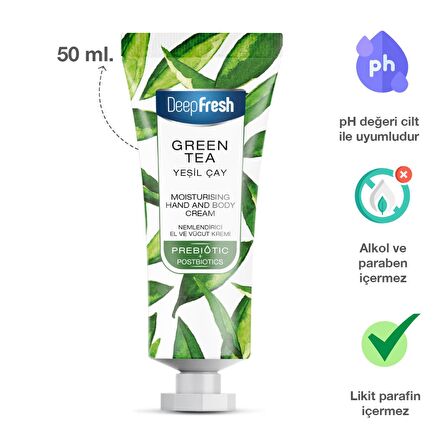 Deep Fresh Nemlendirici E Vitaminli ve Parabensiz Tüm Cilt Tipleri için Yeşil Çay Kokulu Vücut Kremi 50 ml 