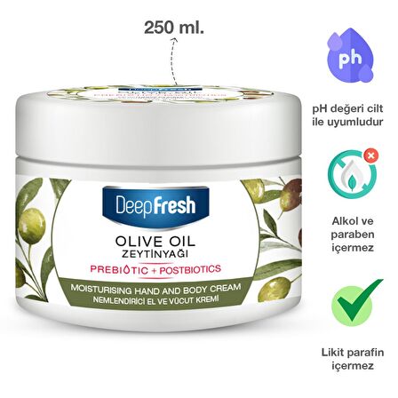 Deep Fresh Nemlendirici E Vitaminli ve Parabensiz Tüm Cilt Tipleri için Zeytinyağlı Kokulu Vücut Kremi 250 ml 