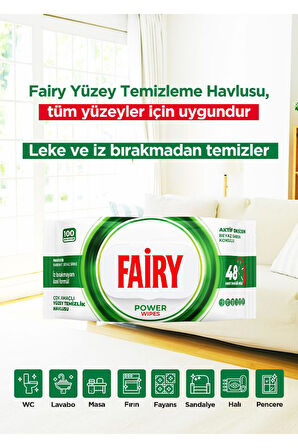 Fairy Power Wipes Yüzey Temizleme Mendili 100 Yaprak | Beyaz Sabun | Beyaz Sirke & Karbonat