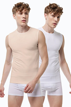 Görünmez Atlet Erkek Beyaz Ten Rengi 2 Li Paket Sıfır Yaka Iz Yapmayan Modal Kolsuz Atlet 007
