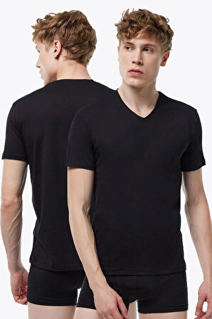 Erkek Siyah Füme 2 li V Yaka Modal İnce Yaz Serinliği Tişört 2M085