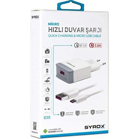 Syrox Micro USB Hızlı Şarj Aleti Beyaz