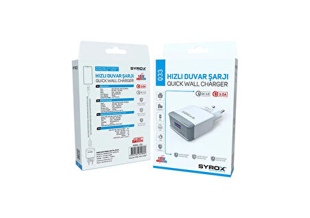 Syrox Q33 Hızlı USB Duvar Şarj Adaptörü (Başlık) 3.0A 18W - Beyaz