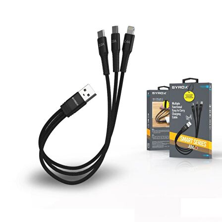 Syrox C144 2.4A Hasir 3 in 1 2 x Type-C  1 x Lightnıng İphone  & Data Kablosu