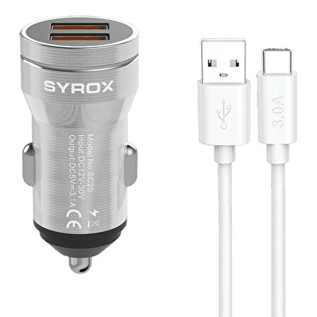 Syrox SC20T 3.1A Q.C. 3.0 1mt USB-A - Type-C Kablolu 2xUSB-A Port Çıkışlı Hızlı Araç Şarj Cihazı - Gri