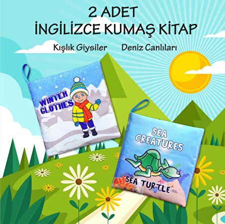 2 Kitap Tox İngilizce Kışlık Giysiler ve Deniz Canlıları Kumaş Sessiz Kitap E124 E122 - Bez Kitap , Eğitici Oyuncak , Yumuşak ve Hışırtılı