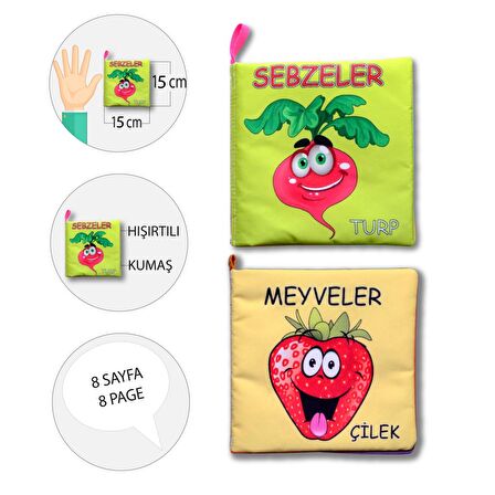 2 Kitap Tox Meyveler ve Sebzeler Kumaş Sessiz Kitap T113/T49 - Bez Kitap , Eğitici Oyuncak , Yumuşak ve Hışırtılı