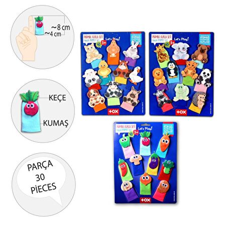 3 Set - 30 Parça Tox Evcil, Vahşi Hayvanlar ve Sebzeler Parmak Kukla T772 T782 T104