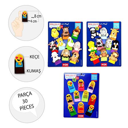 3 Set - 30 Parça Tox Evcil , Vahşi Hayvanlar ve Emojiler Parmak Kukla T77-1 T78-1 T106