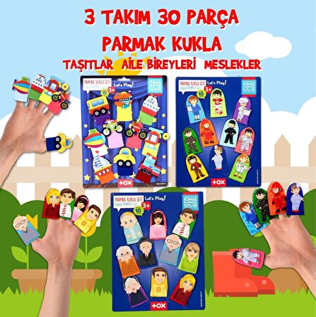 3 Set - 30 Parça Tox Taşıtlar, Aile Bireyleri ve Meslekler Parmak Kukla T181 T75-1 T76-1