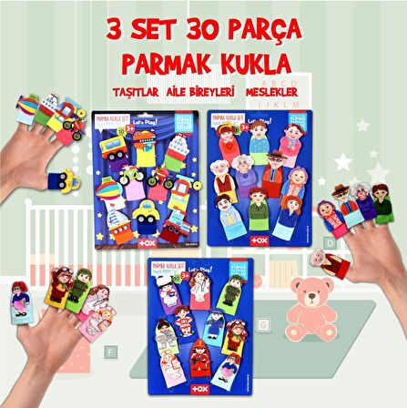 3 Set - 30 Parça Tox Taşıtlar, Aile Bireyleri ve Meslekler Parmak Kukla T181 T75-2 T76-2