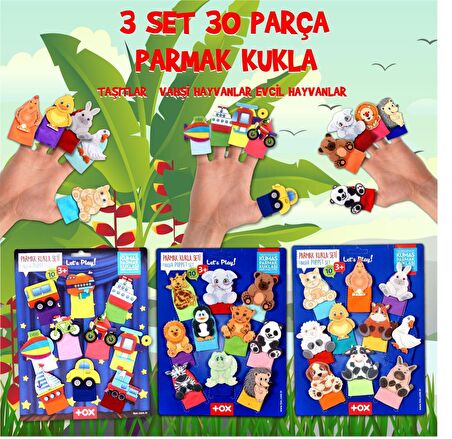 3 Set - 30 Parça Tox Taşıtlar, Evcil ve Vahşi Hayvanlar Parmak Kukla T181 T77-2 T78-2