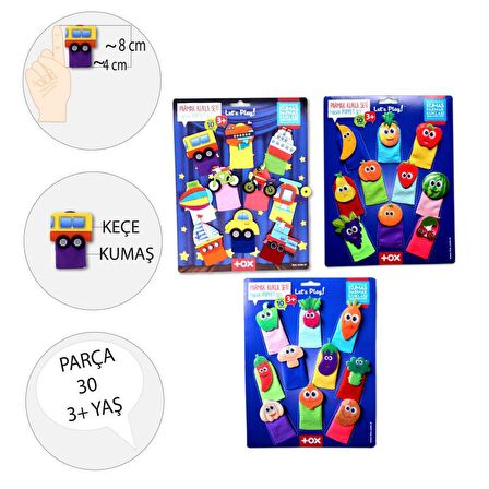 3 Set - 30 Parça Tox Taşıtlar, Meyveler ve Sebzeler Parmak Kukla T181 T104 T105