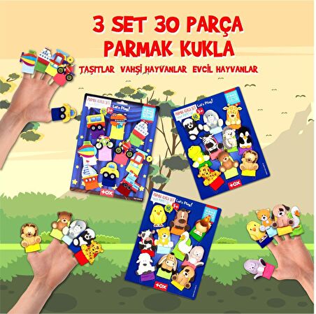 3 Set - 30 Parça Tox Taşıtlar, Evcil ve Vahşi Hayvanlar Parmak Kukla T181 T77-1 T78-1