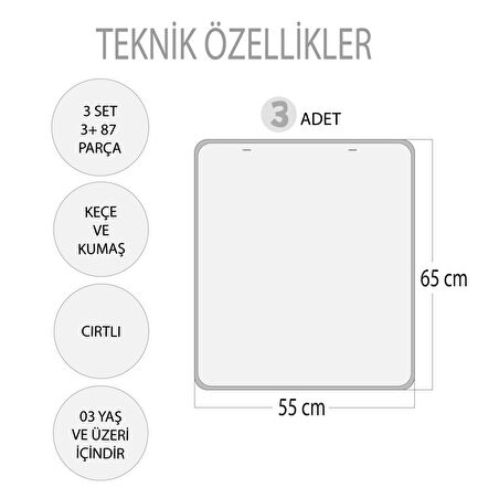 3 Set - 87 Parça Tox Az - Çok , Büyük - Küçük Meyve ve Sıradakini Biliyorum Oyunu Keçe Cırtlı Duvar Panoları , Eğitici Oyuncak