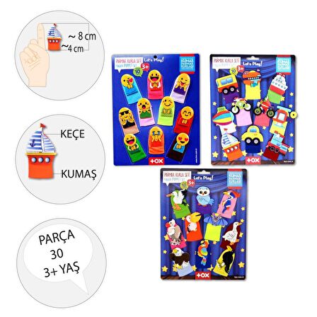 3 Set - 30 Parça Tox Taşıtlar, Emojiler ve Uçan Hayvanlar Parmak Kukla T181 T106 T222