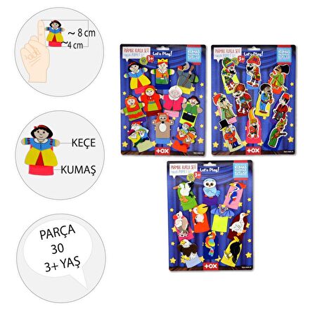 3 Set - 30 Parça Tox Hacivat Karagöz , Masal Kahramanları ve Uçan Hayvanlar Parmak Kukla T224 T225 T222