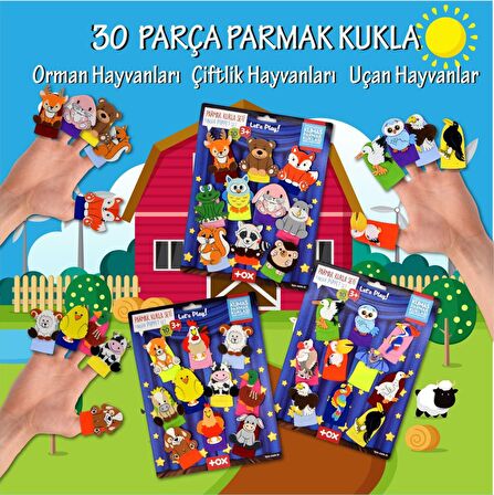 3 Set - 30 Parça Tox Orman, Çiftlik ve Uçan Hayvanlar Parmak Kukla T220 T218 T222