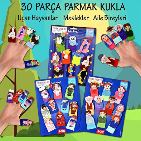 3 Set - 30 Parça Tox Meslekler, Aile Bireyleri ve Uçan Hayvanlar Parmak Kukla T75-2 T76-2 T222