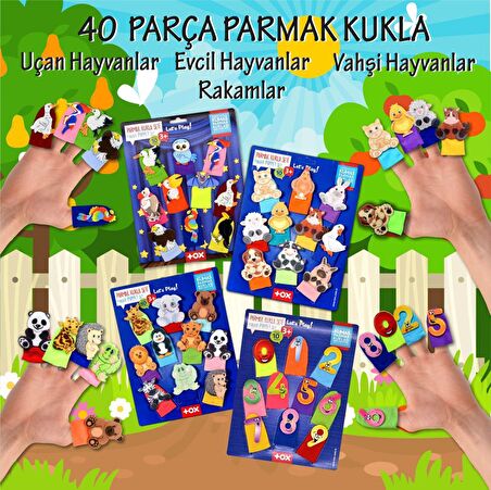 4 Set - 40 Parça Tox Rakamlar, Uçan, Evcil ve Vahşi Hayvanlar Parmak Kukla T77-2 T78-2 T222 T64
