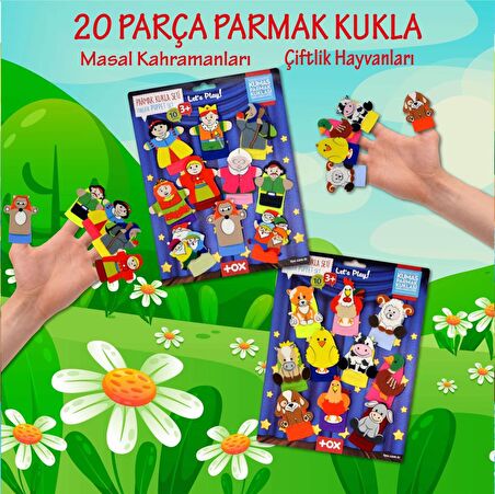 2 Set - 20 Parça Tox Çiftik Hayvanları ve Masal Kahramanları Parmak Kukla T225 T220