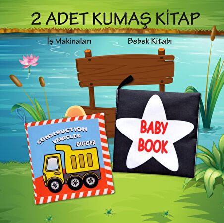 2 Kitap Tox İngilizce İş Makinaları ve Siyah - Beyaz Bebek Kumaş Sessiz Kitap E118 E136 - Bez Kitap , Eğitici Oyuncak , Yumuşak ve Hışırtılı