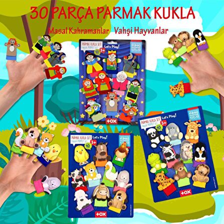 3 Set - 30 Parça Tox Masal Kahramanları, Evcil ve Vahşi Hayvanlar Parmak Kukla T225 T77-1 T78-1