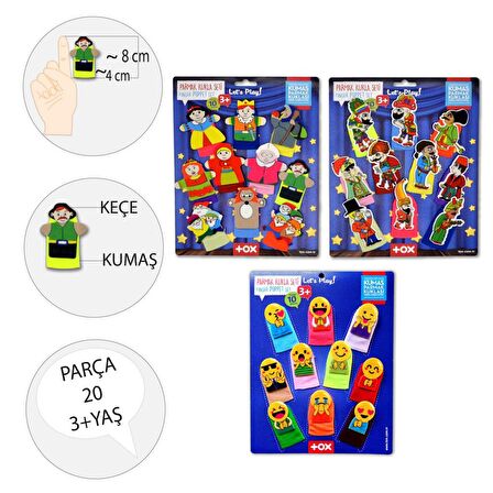 3 Set - 30 Parça Tox Masal Kahramanları, Karagöz Hacivat ve Emojiler Parmak Kukla T225 T106 T224