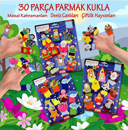 3 Set - 30 Parça Tox Masal Kahramanları, Deniz Canlıları ve Çiftlik Hayvanları Parmak Kukla T220 T221 T225