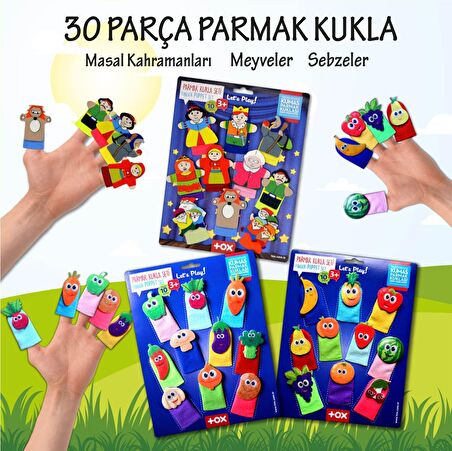 3 Set - 30 Parça Tox Masal Kahramanları, Meyveler ve Sebzeler Parmak Kukla T105 T104 T225