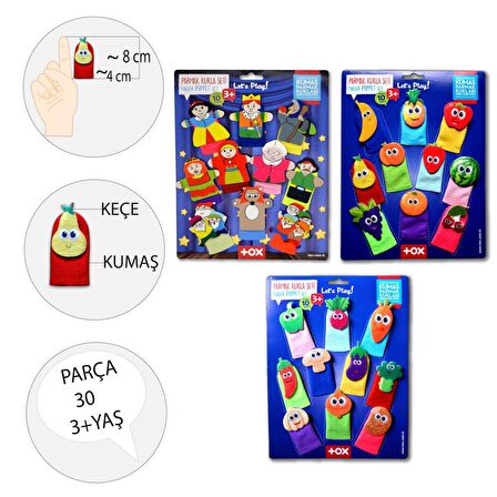 3 Set - 30 Parça Tox Masal Kahramanları, Meyveler ve Sebzeler Parmak Kukla T105 T104 T225
