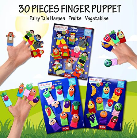 3 Set - 30 Parça Tox Masal Kahramanları, Meyveler ve Sebzeler Parmak Kukla T105 T104 T225