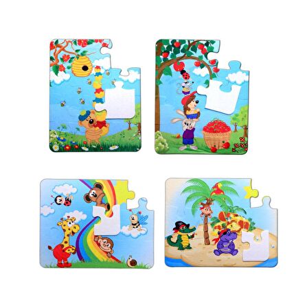 4 Set - 48 Parça Tox Gökkuşağı ve Elmacı Ayı 3+ Keçe Yapboz - 3 Yaş Puzzle T44 T42