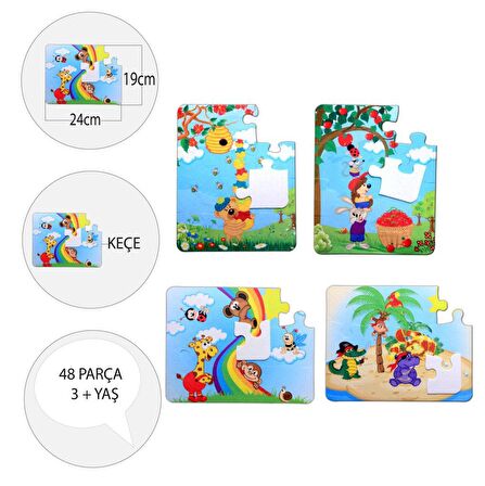 4 Set - 48 Parça Tox Gökkuşağı ve Elmacı Ayı 3+ Keçe Yapboz - 3 Yaş Puzzle T44 T42