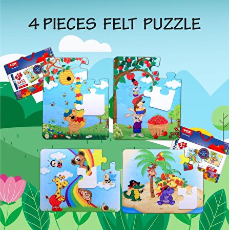 4 Set - 48 Parça Tox Gökkuşağı ve Elmacı Ayı 3+ Keçe Yapboz - 3 Yaş Puzzle T44 T42