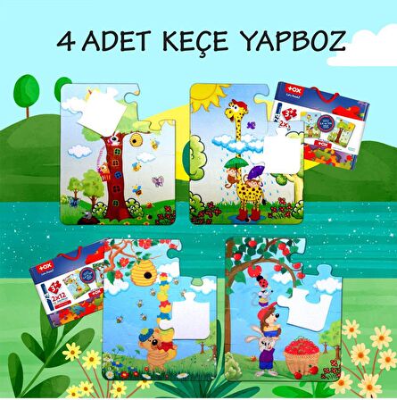 4 Set - 48 Parça Tox Zurafa ve Elmacı Ayı 3+ Keçe Yapboz - 3 Yaş Puzzle T44 T43