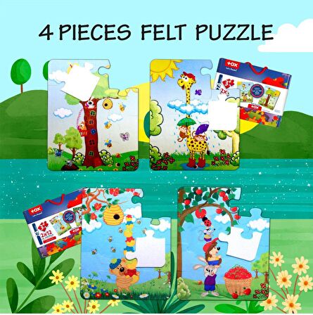 4 Set - 48 Parça Tox Zurafa ve Elmacı Ayı 3+ Keçe Yapboz - 3 Yaş Puzzle T44 T43