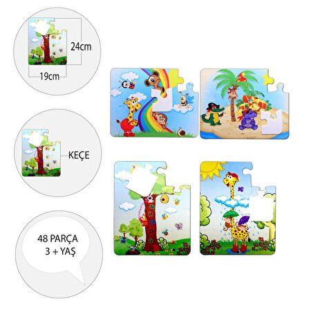 4 Set - 48 Parça Tox Gökkuşağı ve Zürafa 3+ Keçe Yapboz - 3 Yaş Puzzle T43 T42