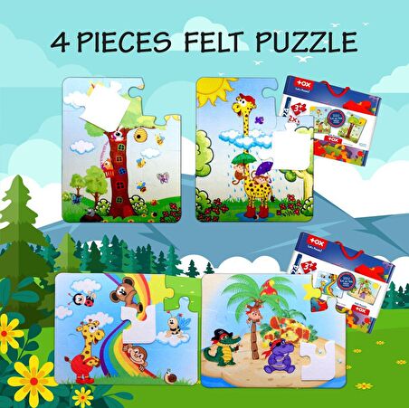 4 Set - 48 Parça Tox Gökkuşağı ve Zürafa 3+ Keçe Yapboz - 3 Yaş Puzzle T43 T42