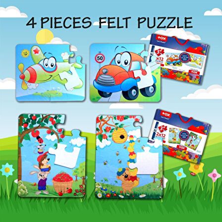 4 Set - 48 Parça Tox Uçak, Araba ve Elmacı Ayı 3+ Keçe Yapboz - 3 Yaş Puzzle T44 T04