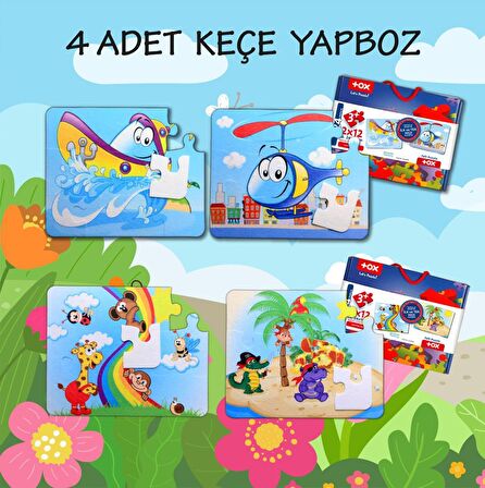 4 Set - 48 Parça Tox Tekne , Helikopter ve Gökkuşağı 3+ Keçe Yapboz - 3 Yaş Puzzle T05 T42