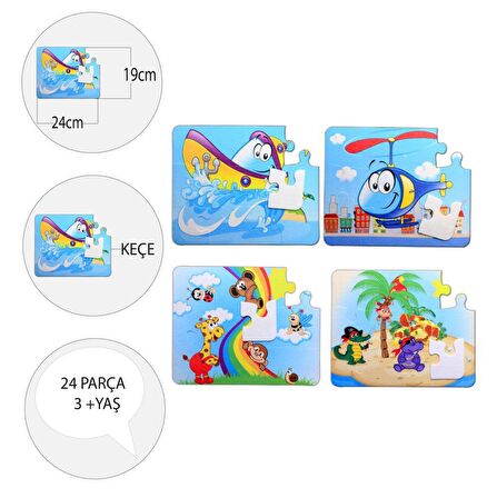 4 Set - 48 Parça Tox Tekne , Helikopter ve Gökkuşağı 3+ Keçe Yapboz - 3 Yaş Puzzle T05 T42